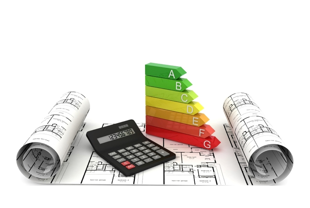 Image featuring a calculator, SAP information, an Energy Performance Certificate (EPC), and building plans.